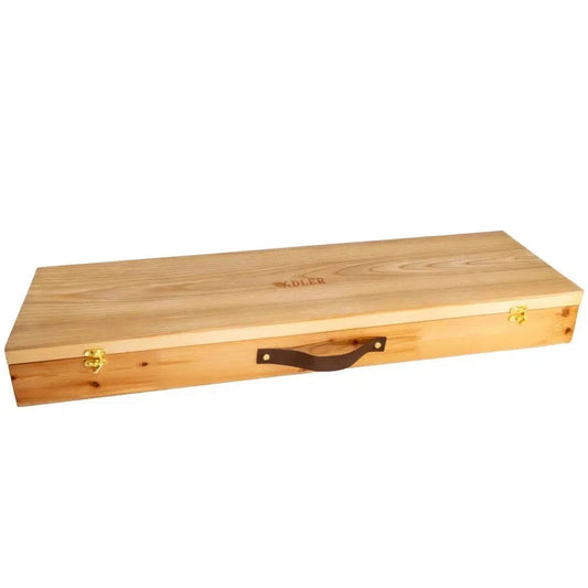 A long wooden Adler Axe Gift Set box with a brown leather handle and gold clasps against a white background.