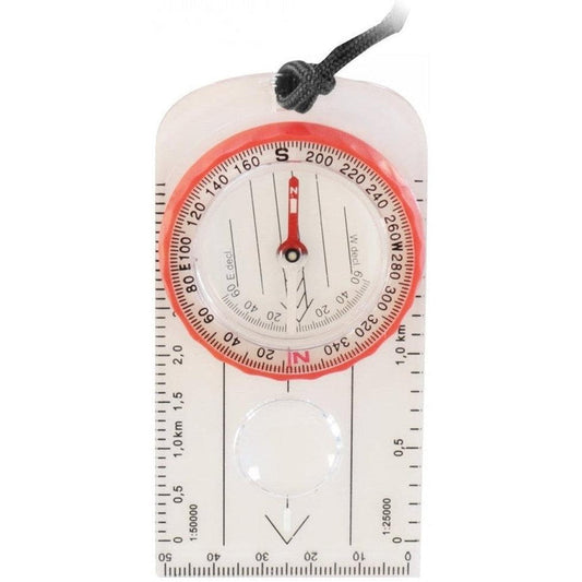 A top-down view of the Adventure Medical Kits Deluxe Map Compass with a red bezel and black cord, showing the compass face and measurement scales against a white background.