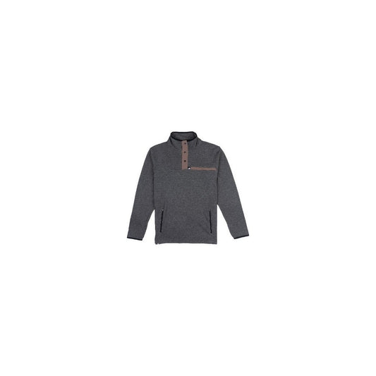Front view of the Belong Designs Men's Powell Fleece Pullover in Ash showing the button placket and zippered chest pocket against a white background.