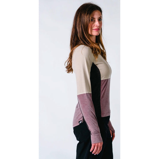 Side view of the Belong Designs Women's Dyer Tek Long Sleeve in Sand Flume showing the color-blocked design against a white background.