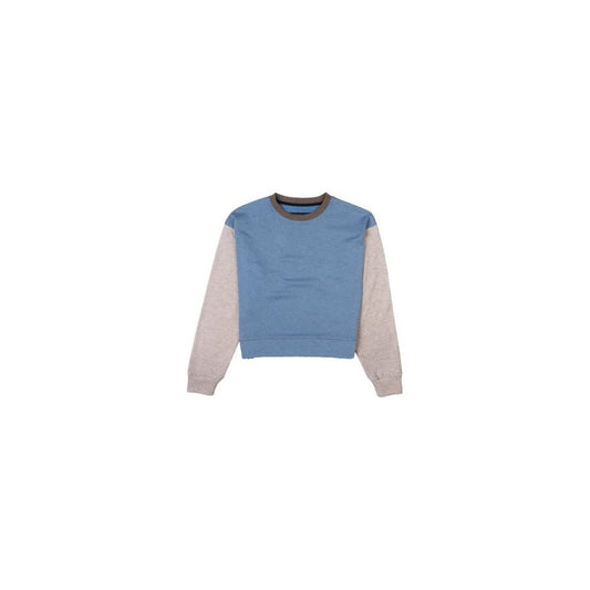 Front view of the Belong Designs Women's Powell Fleece Crewneck in Dusty Blue Block with light gray sleeves against a white background.