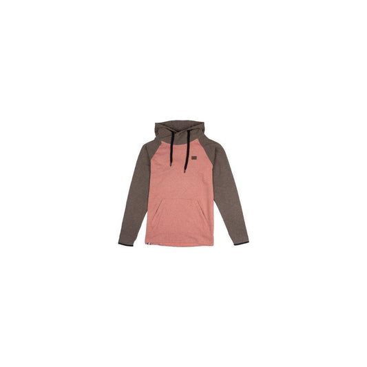 Front view of the Belong Designs Women's Torreys Fleece Hoodie Pullover in Brown Clay with dark brown sleeves and a small logo on the chest against a white background.