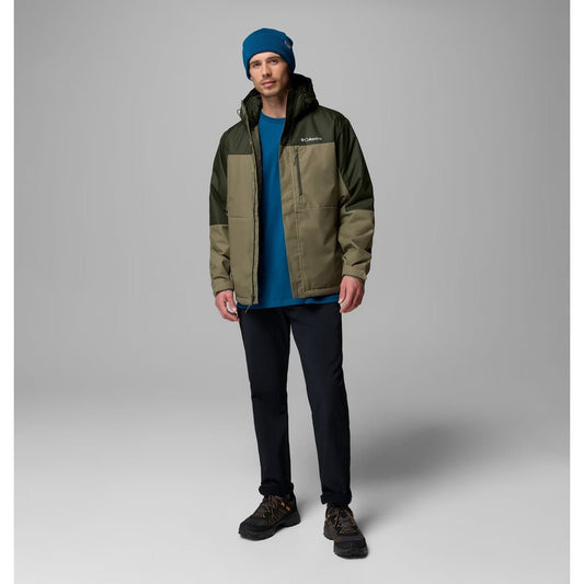 Front view of the Columbia Sportswear Men's Hikebound II Insulated Jacket in Stone Green Greenscape on a model against a gray background.