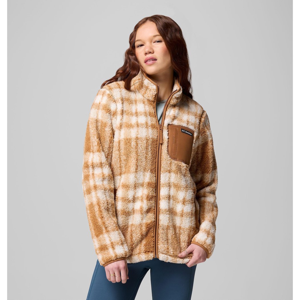 Front view of the Columbia Sportswear Women's West Bend Print Full Zip II Jacket in 226 CamBrnCzyQl with a brown pocket on a model against a gray background.