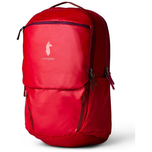 Front view of the Cotopaxi Allpa 26L Daypack in Blue Spruce/Abyss with a white llama logo on a red backpack.