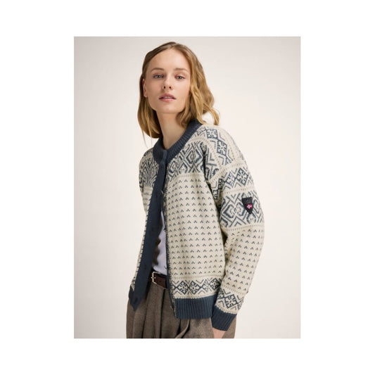 Side view of the Dale Of Norway Hannah Fem. Cardigan-SAMPLE with a geometric pattern against a plain background.