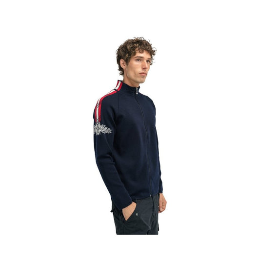 Side view of the Dale Of Norway Spirit Masculine Jacket-SAMPLE in NvyOffWhtRasp showing the red stripe on the sleeve against a white background.