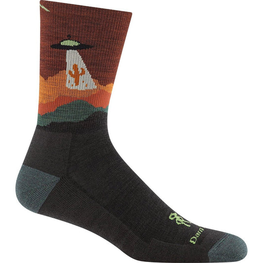 Side view of the Darn Tough Men's Spaced Out Micro Crew Lightweight Hiking Socks in Charcoal showing the UFO and cactus graphic on the upper portion.