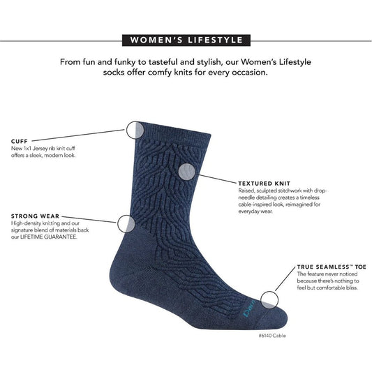 Side view of the Darn Tough Women's Cable Crew Lightweight Lifestyle Socks in Charcoal showing the textured knit and cuff against a white background.