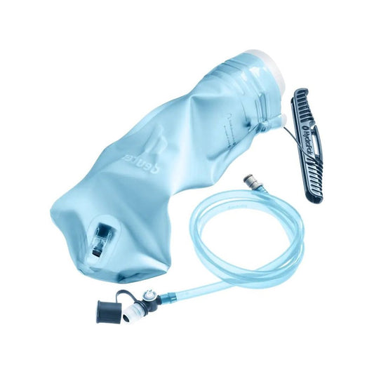 Hydrablue Deuter Streamer II 1.5 L hydration bladder with tube and bite valve on white background.