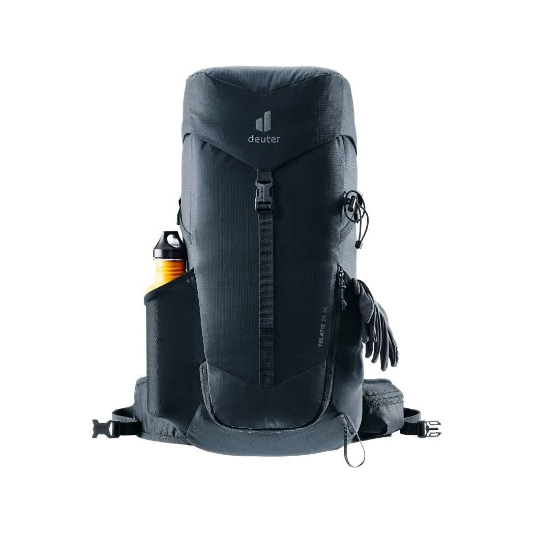 Front view of the Deuter Telatie 24 SL in Ashrose Cassis with a water bottle in the side pocket against a white background.