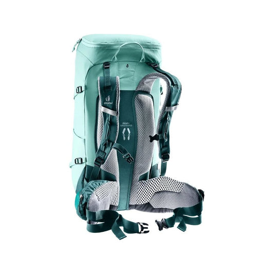 Back view of the Deuter Trail 28 SL in Glacier Deep Se showing padded shoulder straps and hip belt against a white background.