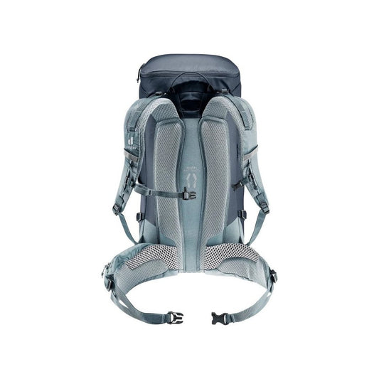 Back view of the Deuter Trail 30 in Black Shale showing padded back panel and hip belt straps against a white background.