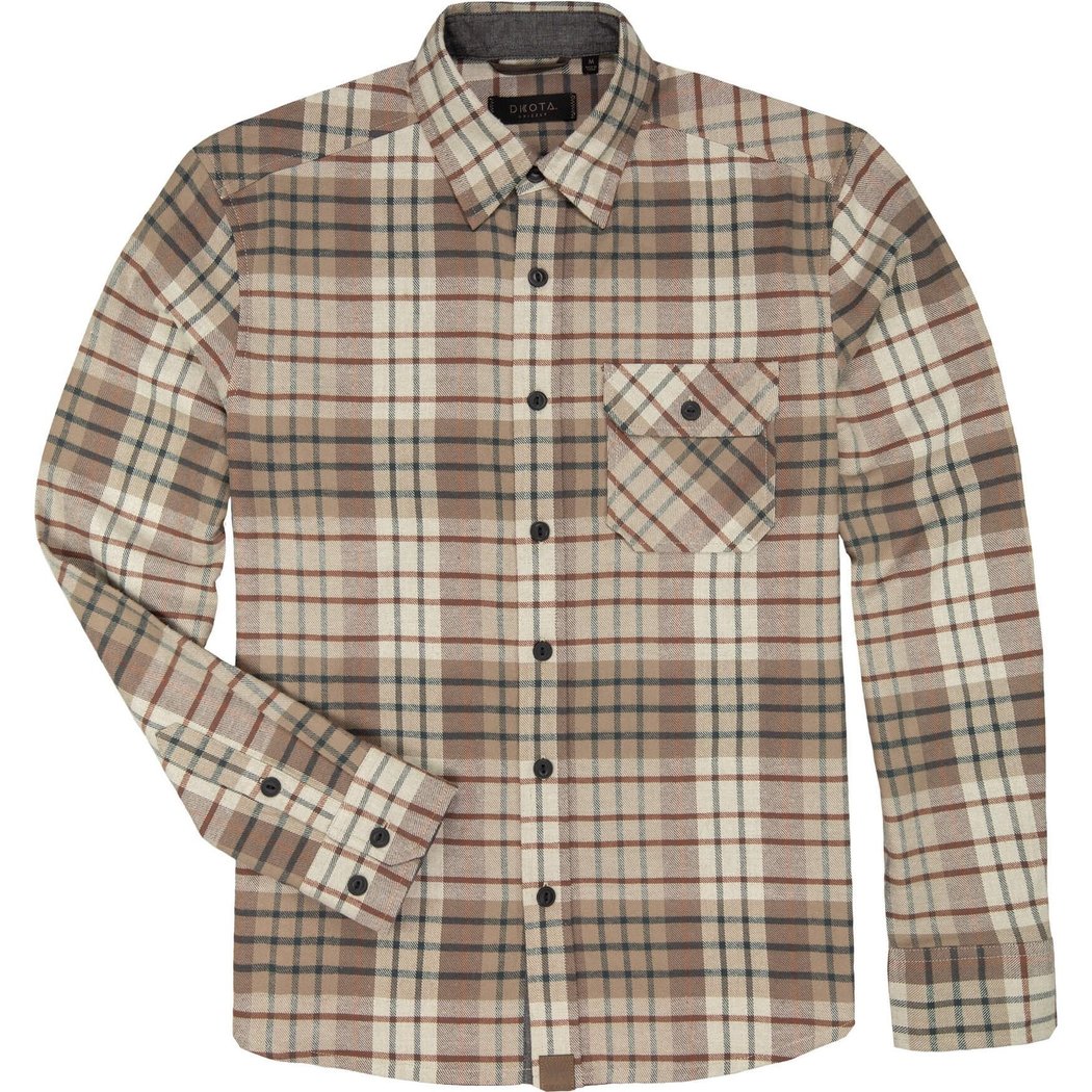 Front view of the Dkota Grizzly Men's Brock in Maple Forge showing the plaid pattern and chest pocket.