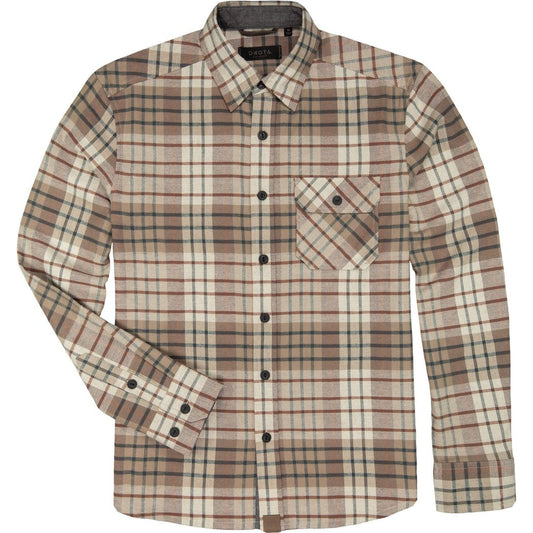 Front view of the Dkota Grizzly Men's Brock in Maple Forge showing the plaid pattern and chest pocket.