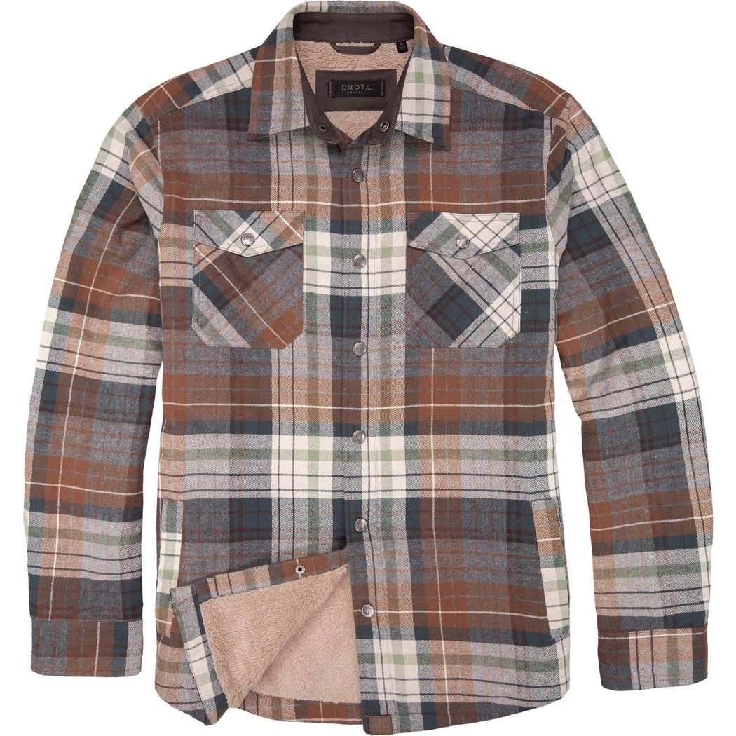 Front view of the Dkota Grizzly Men's Ivan in Campfire Ash showing the plaid pattern and buttoned chest pockets.