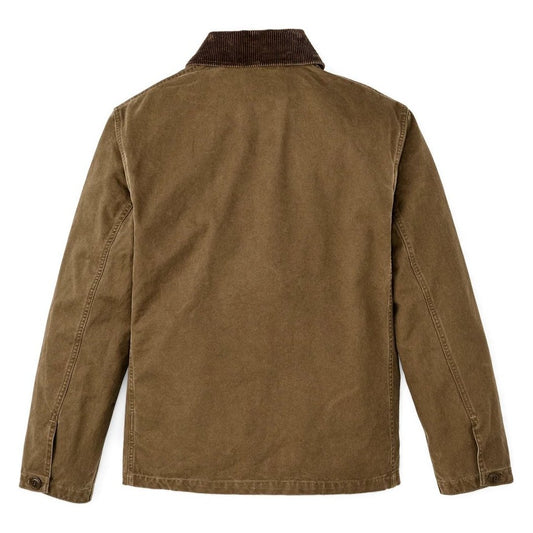 Back view of the Filson Canvas Outfitter Jacket in Kangaroo showing the brown corduroy collar and long sleeves.