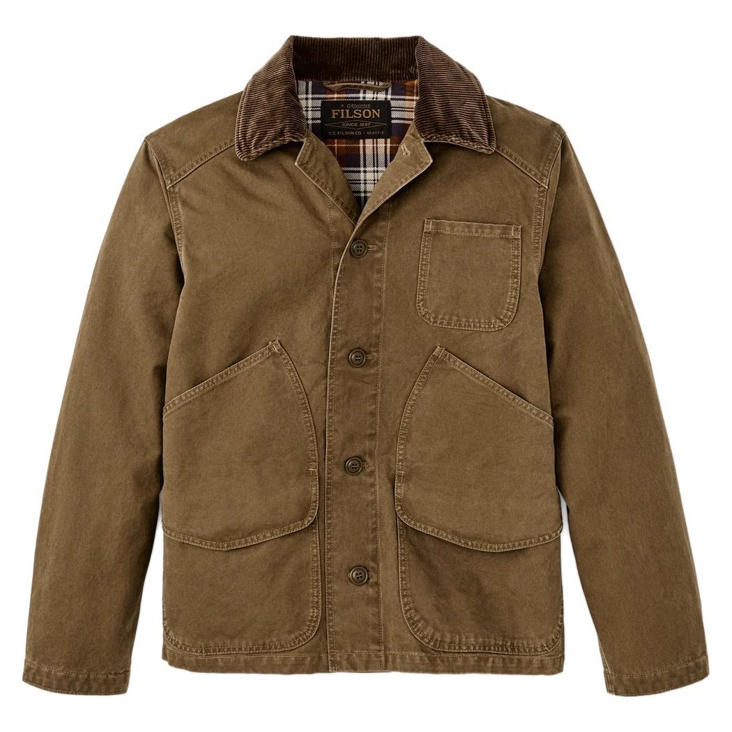 Front view of the Filson Canvas Outfitter Jacket in Kangaroo showing the buttoned front and chest pockets.