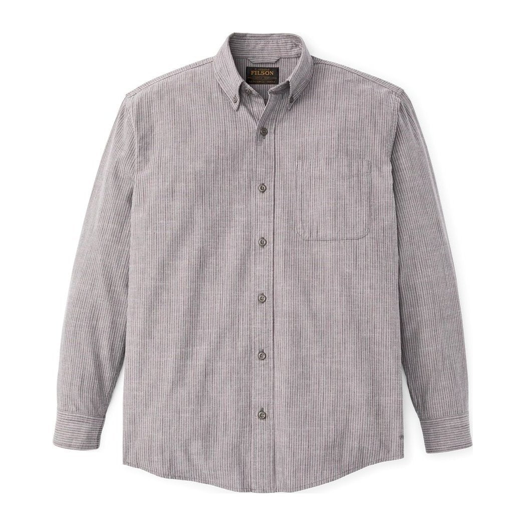 Front view of the Filson Men's Chambray Button-Down Shirt in Cascade PLaid with a single chest pocket and button-down collar.