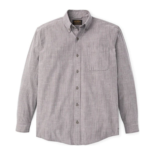 Front view of the Filson Men's Chambray Button-Down Shirt in Cascade PLaid with a single chest pocket and button-down collar.