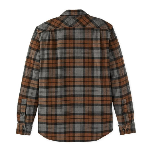 Back view of the Filson Men's Vintage Flannel Work Shirt in Brown showing the plaid pattern and buttoned cuffs.