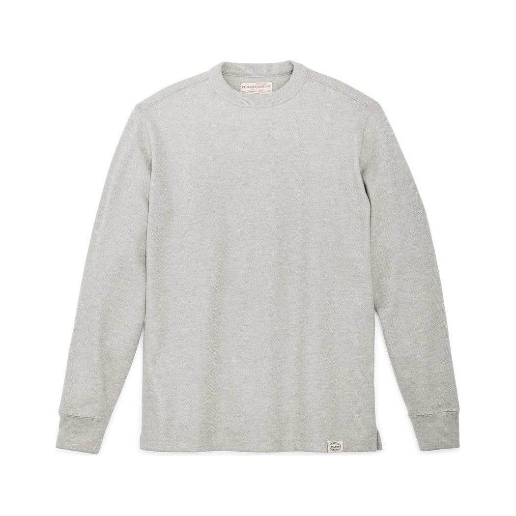 Front view of the Filson Men's Waffle Knit Thermal Crewneck in Charcoal with a plain white background.