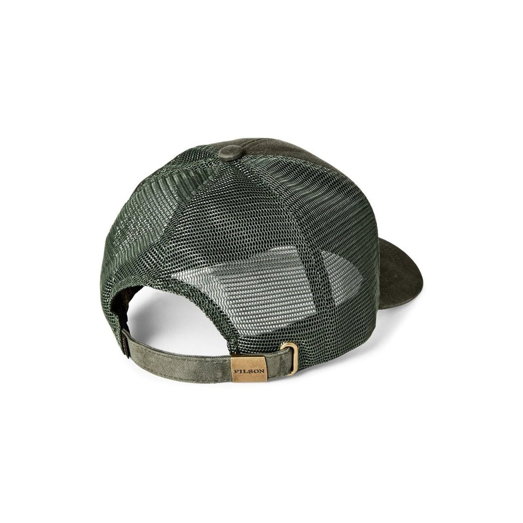 Back view of the Filson Scenic Waxed Logger Mesh Cap in Otter Green showing the mesh back and adjustable strap against a white background.