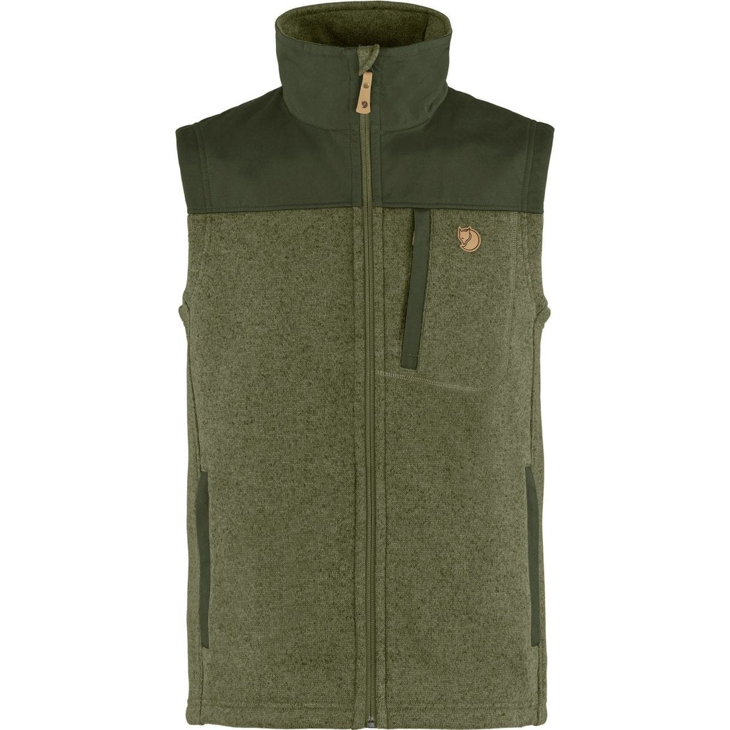Front view of the Fjallraven Men's Buck Fleece Vest in Dark Navy with a high collar and zip closure.