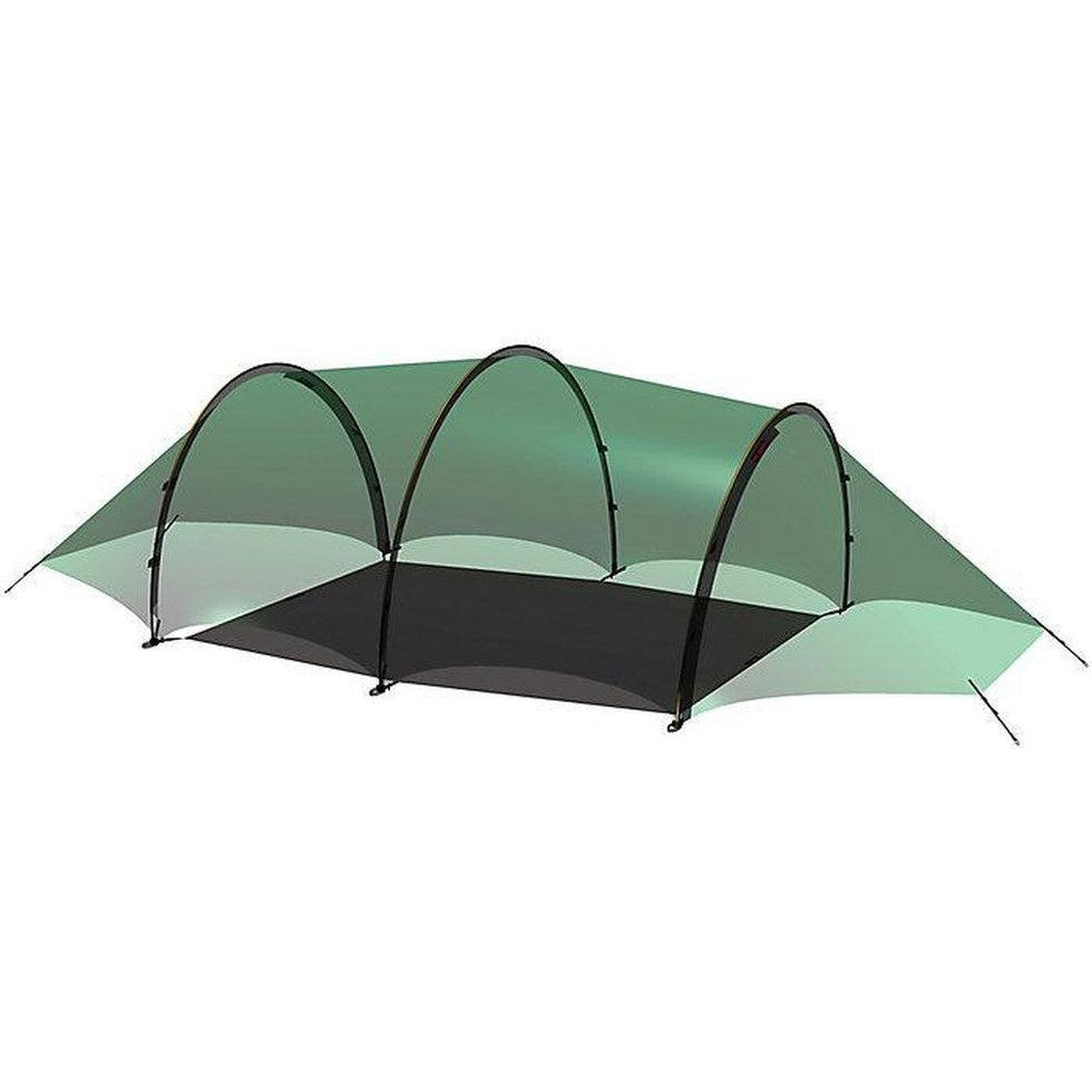 A top-down view of the Hilleberg Helags 2 Footprint in green with a black floor, set against a white background.