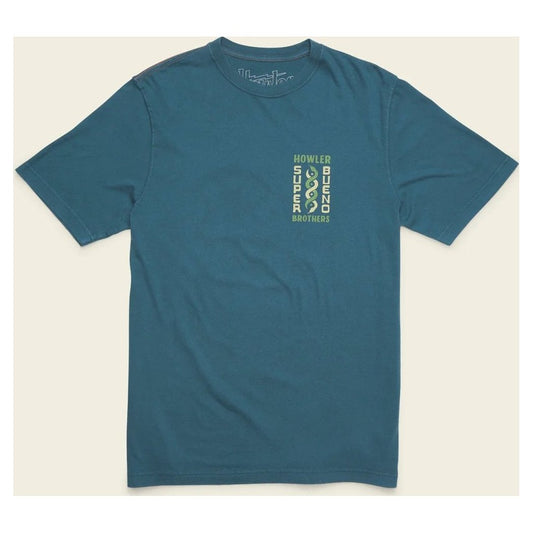 Front view of the Howler Brothers Men's Cotton T in El Monito Surf-Rattan showing the vertical logo on the chest against a light background.