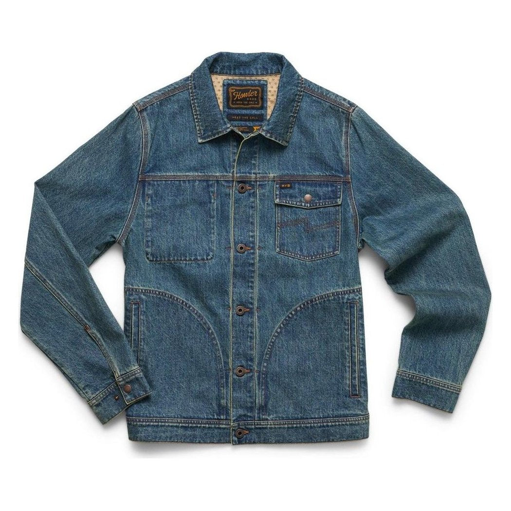 A front view of the Howler Brothers Men's Denim Depot Jacket in Petty Mid Wash on a white background.