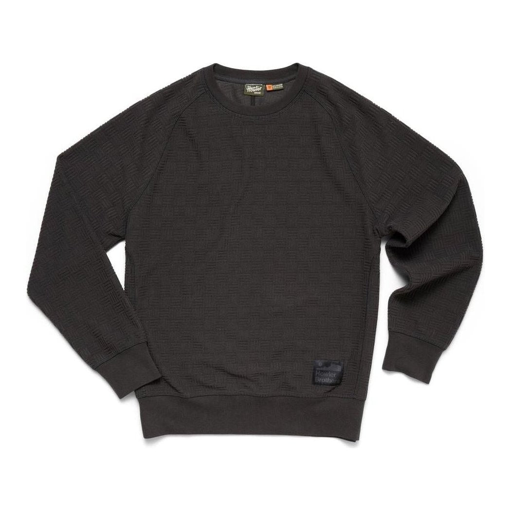 A front view of the Howler Brothers Men's Eleos Fleece Crewneck in Antique Black with a small patch on the lower left side against a white background.