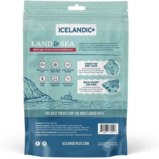 Back of Icelandic+ Land & Sea dog treats package showing product details and a blue ocean background.