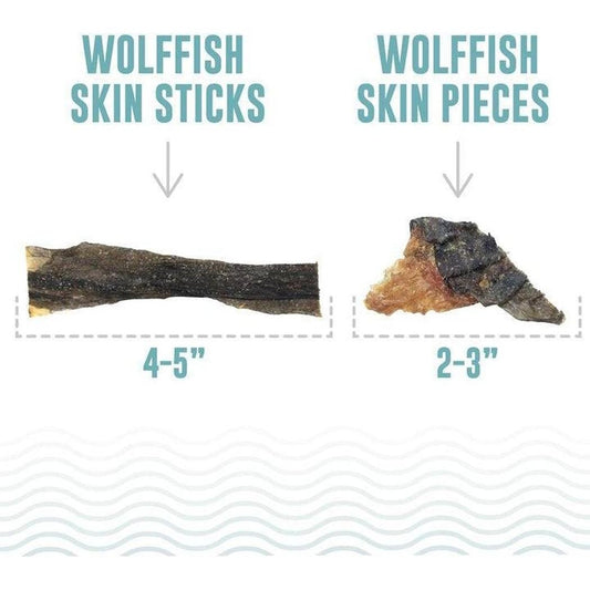 Wolffish skin sticks and pieces dog treats shown in 4-5" and 2-3" sizes against a white background with wavy lines.