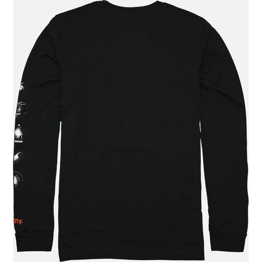 Back view of the Jetty Mens Hurricane Long Sleeve Tee in Black showing the sleeve graphic against a plain background.