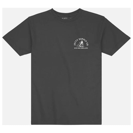 Front view of the Jetty Men's Poolshark Tee in Black showing the small logo on the chest against a plain background.