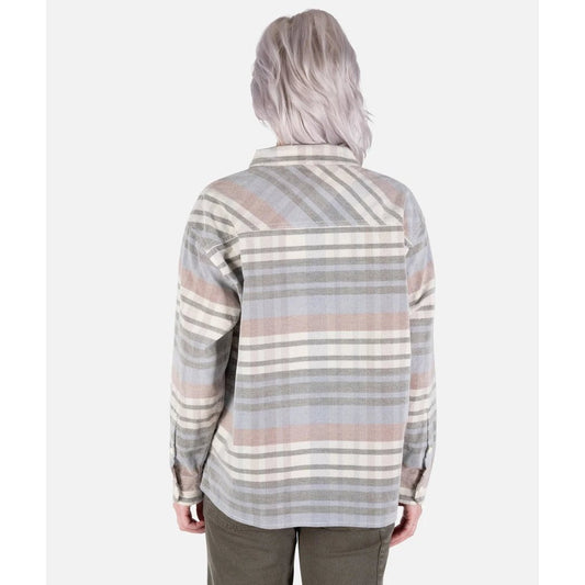 Back view of the Jetty Womens Alpine Corduroy Shirt in Ivory showing the plaid pattern against a plain background.