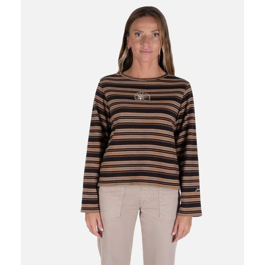 Front view of the Jetty Womens Hollis Striped Heavyweight Long Sleeve in Black with a model wearing it against a white background.