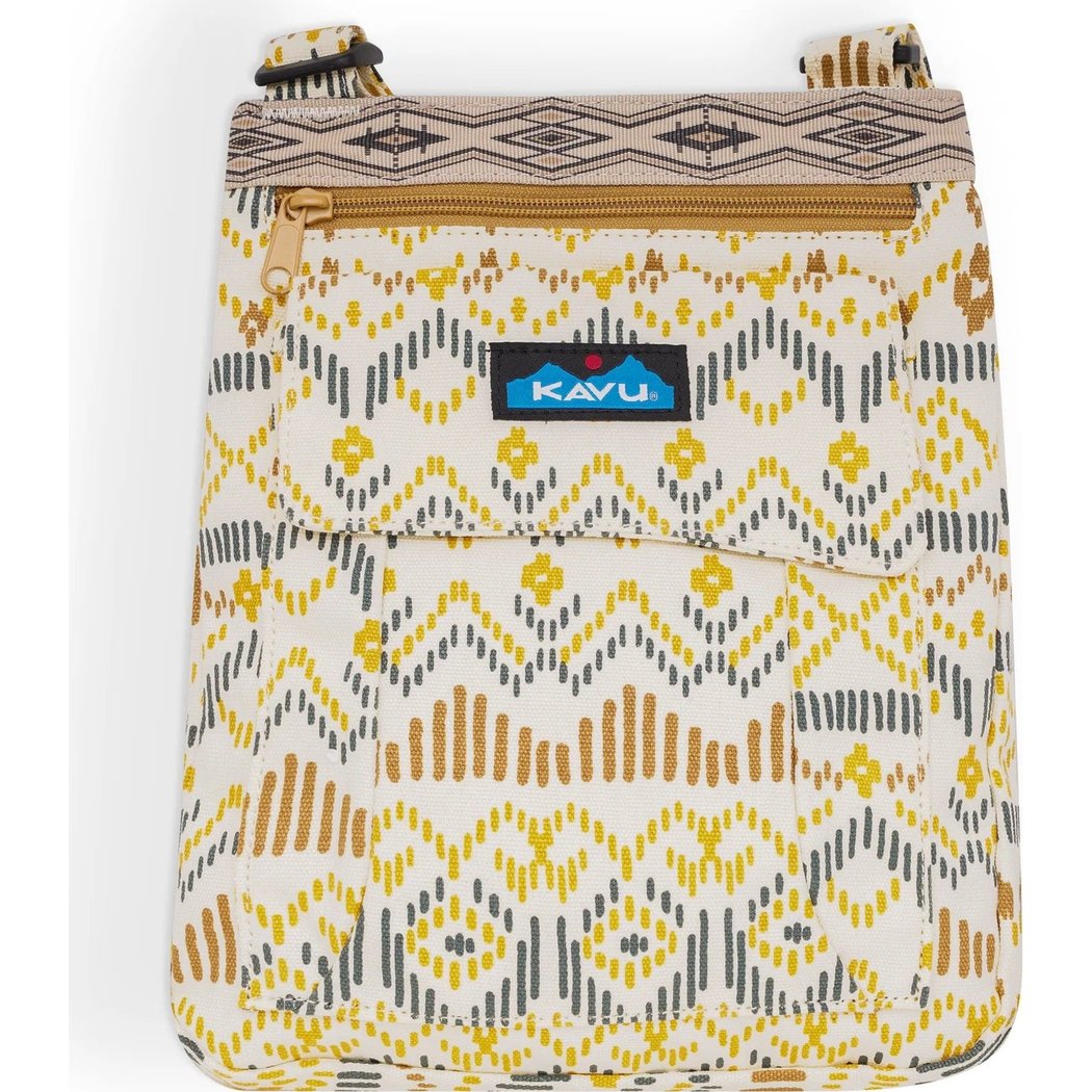 Front view of the Kavu Keeper in Off Trail showing the patterned fabric and front zipper pocket against a white background.