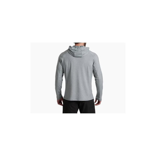Back view of the Kuhl Mens Influx Hoodie in Heather Grey on a model against a white background.