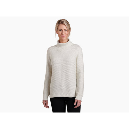 Front view of the Kuhl Women's Solace Sweater in Natural on a model against a white background.