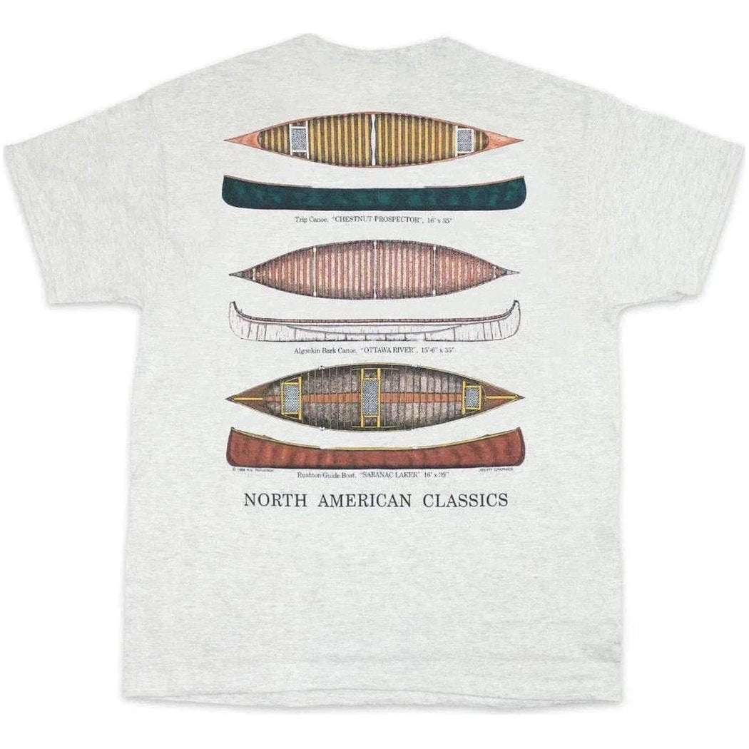 A back view of the Liberty Graphics North American Classics Short Sleeve T in Ash showing canoe illustrations and text against a white background.
