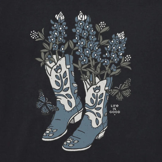 Life is Good Women's Flower Boots with Flowers Short Sleeve Crusher Tee-Women's - Clothing - Tops-Life is Good-Appalachian Outfitters