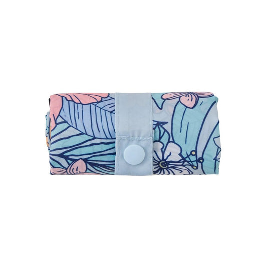 A front view of the Life is Good Tropical Floral Pattern Roll and Go Tote in Darkest Blue showing the snap closure against a white background.