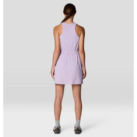 Back view of the Mountain Hardwear Women's Dynama Dress in Atmospheric color on a model against a light gray background.