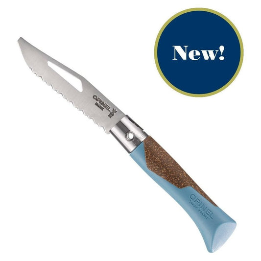 Close-up of the Opinel Néo7 Alpine Folding Knife in Neo7 Black with a serrated blade and blue handle against a white background.