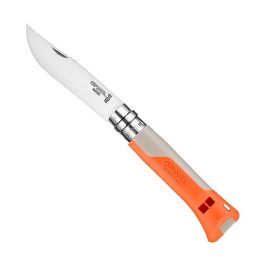 Side view of the Opinel No.08 Horizon Folding Knife in Grey and Sage showing the folding mechanism and orange-tipped handle against a white background.