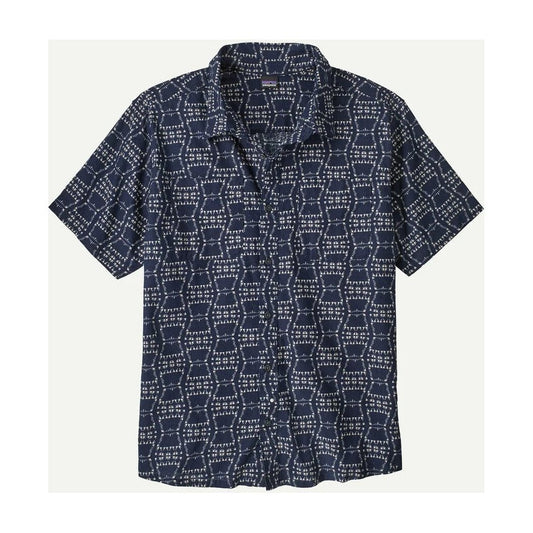A front view of the Patagonia Men's Back Step Shirt in Earthen: Weathered Stone with a patterned design against a light background.