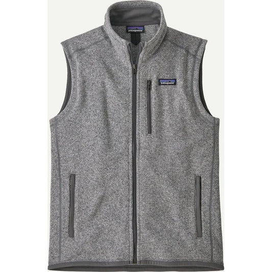 A front view of the Patagonia Men's Better Sweater Vest in Black with a zippered chest pocket and side pockets.