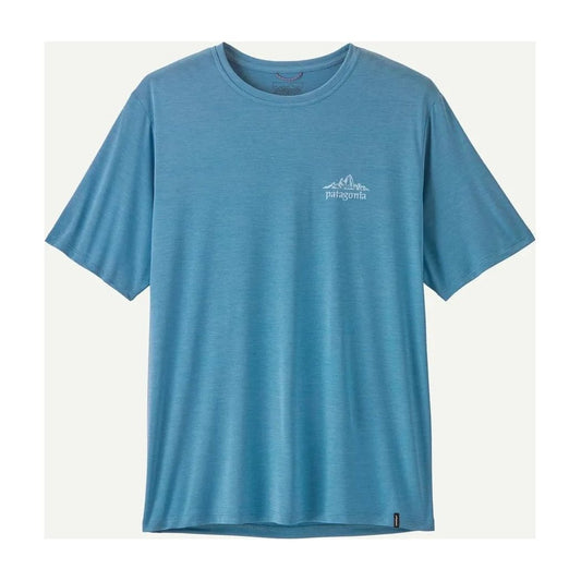 A front view of the Patagonia Men's Cap Cool Daily Hoody in ShoreBlLiShBlXD color with a mountain logo on the chest.